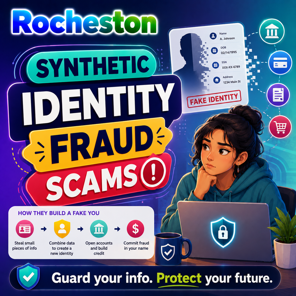 ZelSafe awareness card about synthetic identity fraud scams